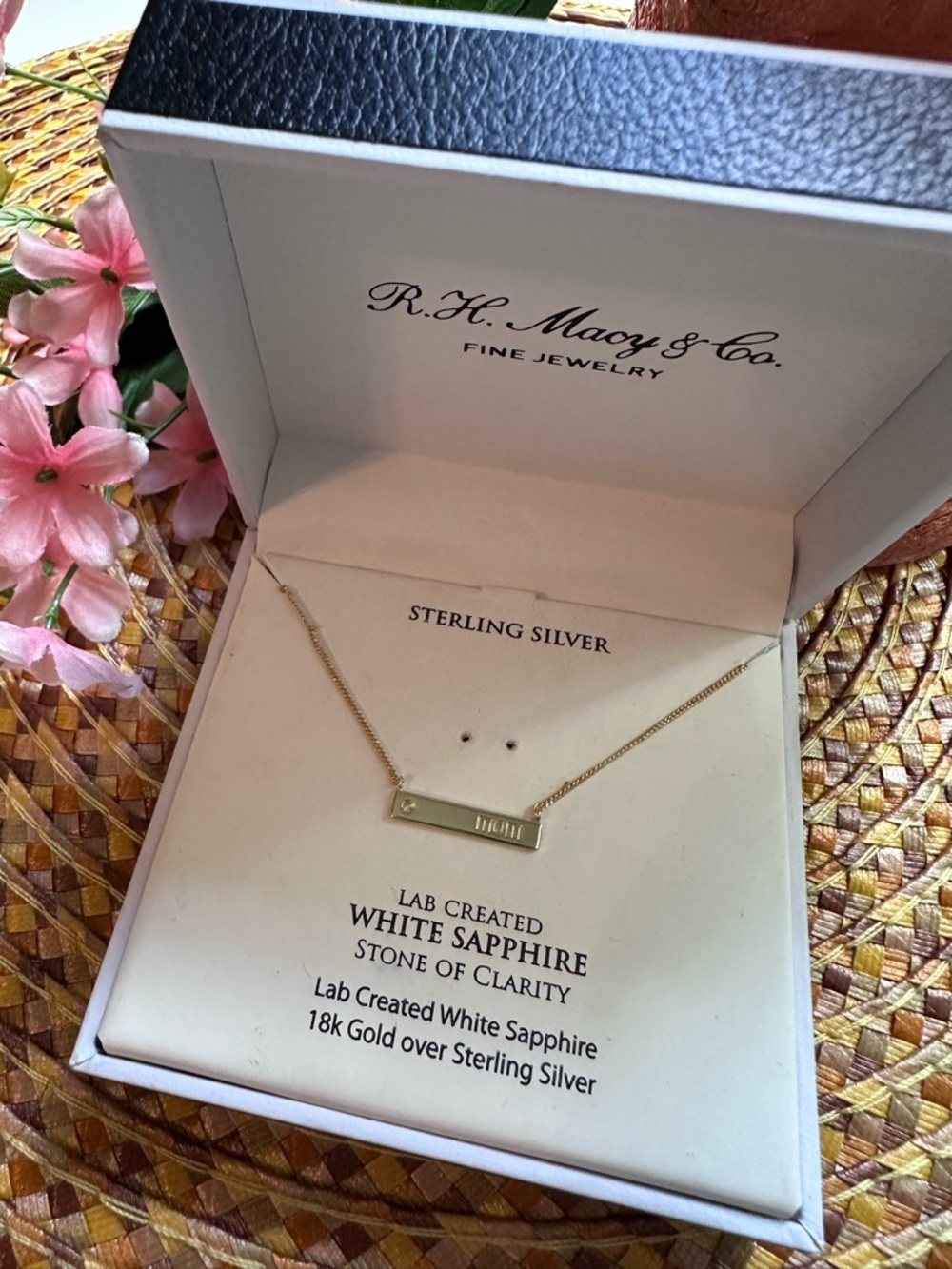 MOM Engraved Gold Bar Necklace with White Sapphire (NO EARRINGS)